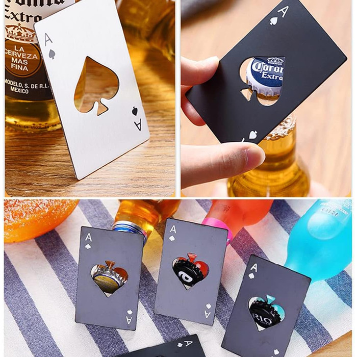 Lxoraziy 10-Piece Bottle Opener Set, Stainless Steel Spade Ace Playing Card Bottle Opener, Creative Beer Bottle Opener, Credit Card Size, Silver & Black