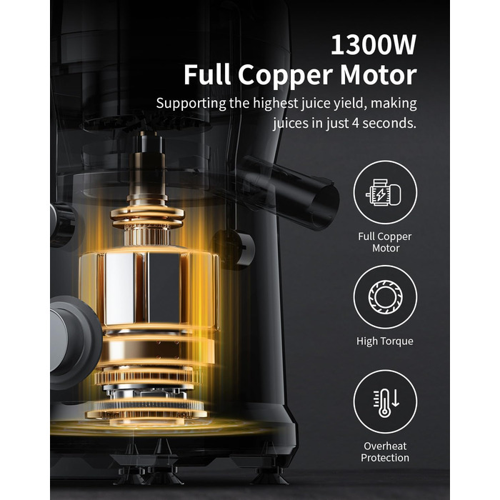 Шовковий екстрактор GDOR 1300W для овочів та фруктів: великий завантажувальний отвір 81 мм, 1250 мл, 3 швидкості, легке очищення, сріблястий
