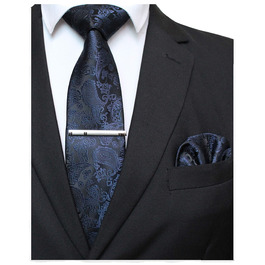 Елегантний краватковий комплект JEMYGINS Graziös Paisley: краватка та нагрудна хустинка темно-синього кольору з краватковою кліпсою