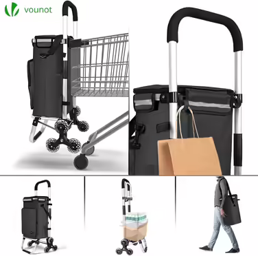 VOUNOT® Aluminum Shopping Trolley Stair Climber, 3-in-1 Trolley Shopping Cart Foldable, Hatching Cart with Cooler Compartment and Hooks, 6 Wheels & Large Capacity, Waterproof, (60L, Black)