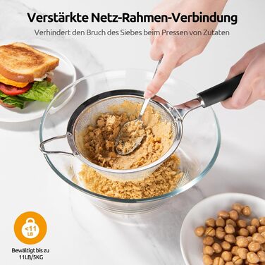 U-Taste Fine Mesh Sieve: Kitchen sieve made of 18/8 stainless steel, medium-sized metal sieve with a riveted, stable silicone handle for sifting flour, draining tea, rice, quinoa (Black, 12 cm)