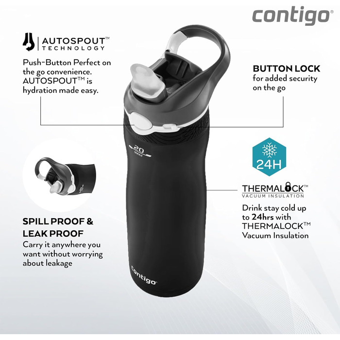 Contigo Ashland Chill Autospout Stainless Steel Water Bottle with Straw, Leak-Proof, Insulated Bottle for Sports, Biking, Hiking, 590 ml, (Matte Black)