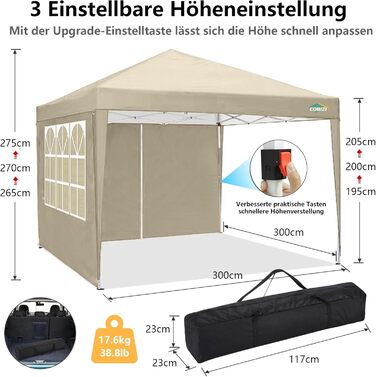 COBIZI Gazebo 3x3 Waterproof Folding Gazebo with 4 Side Walls Outdoor Folding Gazebo Stable UV Protection 50+ Pop-Up Garden Gazebo Party Tent for Outdoors, Garden, Party, Wedding, Market (Khaki, 3x3m)