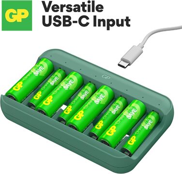 Зарядний пристрій для акумуляторів GP Charge&Save AA AAA з USB-C, 4 слоти, швидка зарядка, LED-індикатор, компактний дизайн