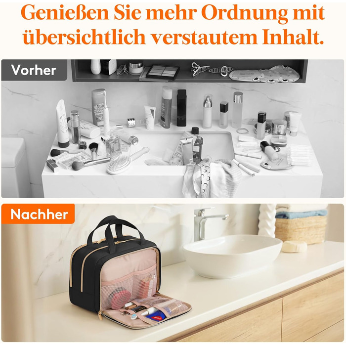 Жіноча дорожня косметичка Lifewit 10L, водовідштовхувана, з відділенням для мокрого, органайзер для макіяжу та аксесуарів, чорна