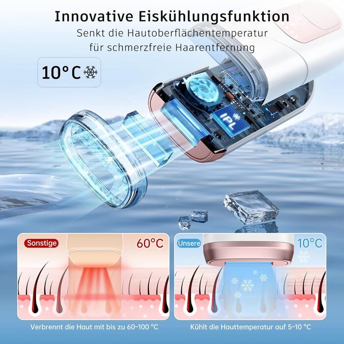Пристрій для епіляції IPL з лазером та охолодженням, необмежена кількість імпульсів, довжина хвилі 600 нм, для жінок та чоловіків, обличчя, бікіні, руки, ноги, тіло, Rose