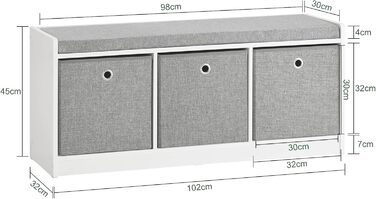 SoBuy FSR65-DG Storage Ottoman Bench, Shoe Bench with Seating Area, Shoe Chest with 3 Gray Baskets, White, WxDxH approx.: 102x45x32cm, 3 Baskets White