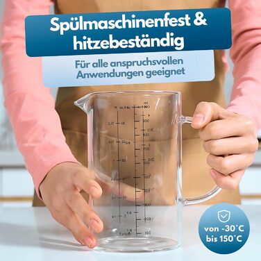 Measuring Cup Glass Set - 3 Pieces - High-Quality Handmade - Extremely Heat Resistant up to 150 Degrees - Suitable down to minus 20 Degrees - 1L, 500ml, 350ml - 2024