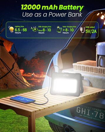 80W LED Construction Floodlight Battery Solar Work Light Portable, 4 Light Modes 12000mAh Battery Work Light USB Rechargeable 5 Brightness Levels Camping Lamp Portable Outdoor for Emergencies Construction Site Camping Garage