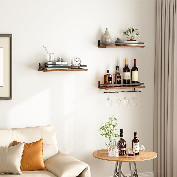 HOOBRO Wall Mounted Wine Racks 3-Piece Set, Wine Racks, Hanging Floating Wall Shelves, Wine Glass & Bottle Holders, Stemware Holders, for Living Room, Dining Room, Kitchen, Vintage Brown and Black EBF34BJ01
