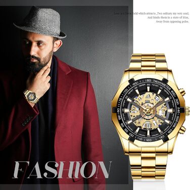 Чоловічий годинник з датою, свідодіодами, 3ATM, водонепроникний, з імітацією механічного, аналоговий кварцовий годинник з календарем, тахіметром, свідодіодами, подарунок для чоловіків (золотий)