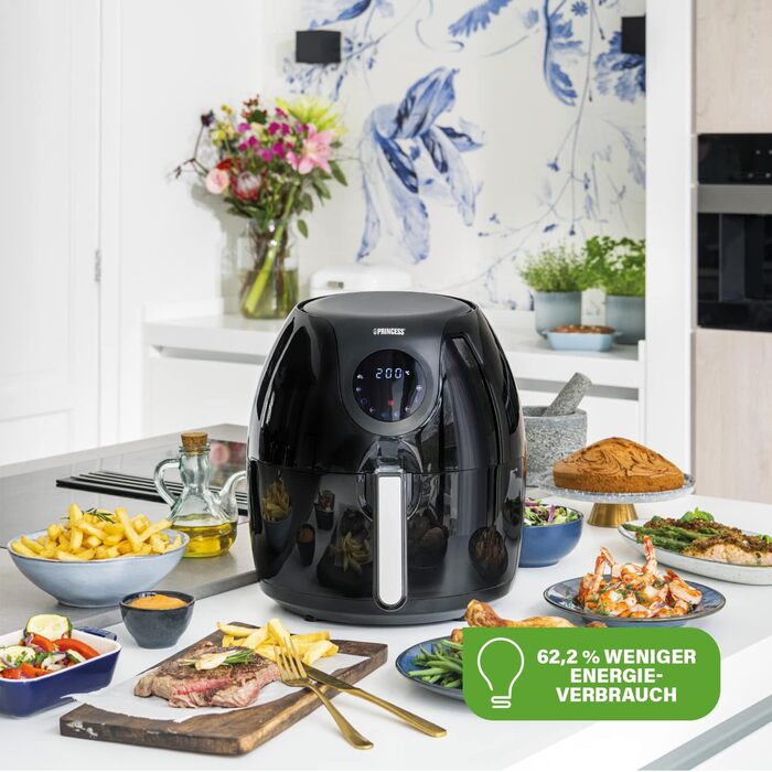 Princess XXL Air Fryer with 5.2L, Digital Touchscreen, 7 Programs, Oil-Free, 1700 W, Aerofryer 182050, Black REGULAR 5.2L
