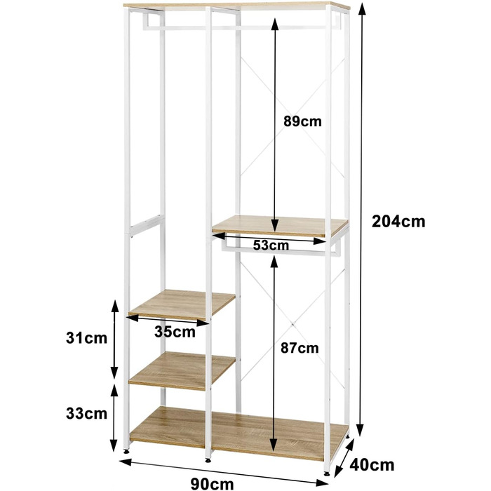 WOLTU Coat Rack Clothes Rail Laundry Rack with Shelf Shoe Shelf made of Wood and Steel, Hanging Shelf, White + Light Oak