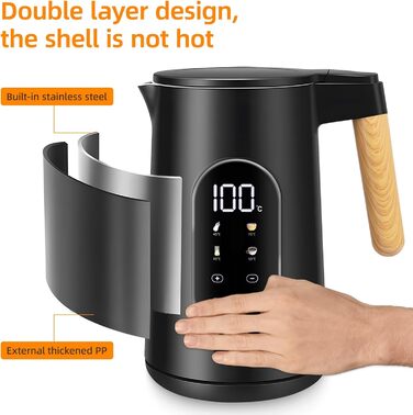 Електричний чайник Carehabi з регулюванням температури, 1.7 л, нержавіюча сталь, чорний, 40°C-100°C, 2200W, LED дисплей, подвійні стінки, функція підтримки тепла