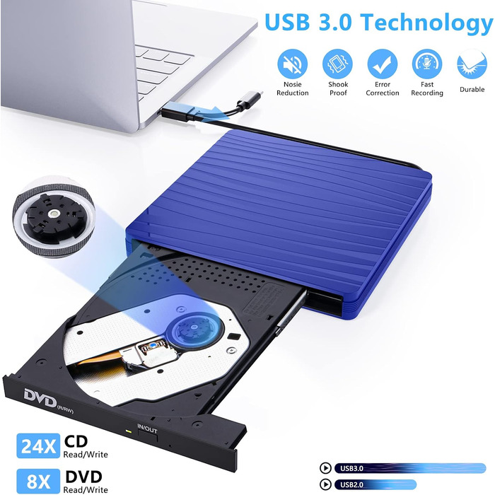 Зовнішній DVD-привід USB 3.0 та Type-C, портативний CD/DVD +/-RW записувач для ноутбука, ПК, MacBook, Windows, macOS, Linux (Темно-синій)