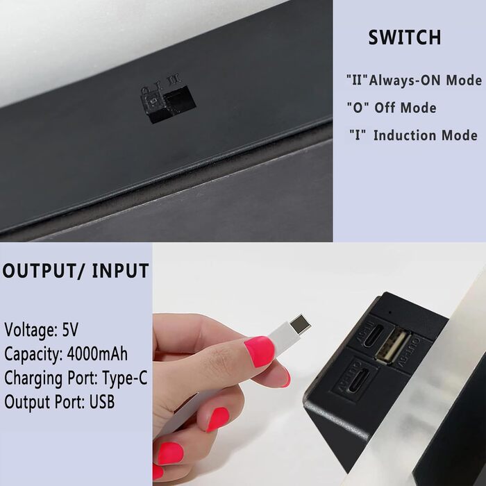LED настінний світильник VOMI з датчиком руху, акумуляторний, бездротовий, USB зарядка, 4000mAh, для коридору та сходів, 2 білих світлодіодів, 6000K