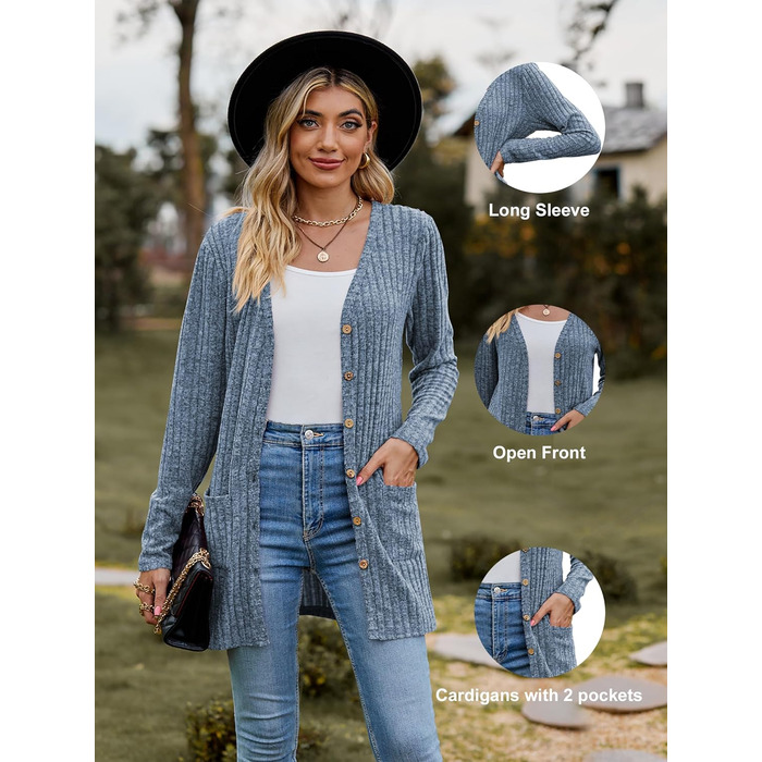 Кардиган жіночий з довгим рукавом, відкритий спереду, на ґудзиках, V-подібний виріз, легкий, з кишенями, XXL, блакитний