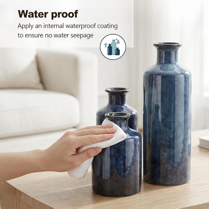 Набір керамічних ваз блакитного кольору – 3 шт. Вази у стилі фермерського будинку, декор для дому, вітальні, столу, каміну та входу