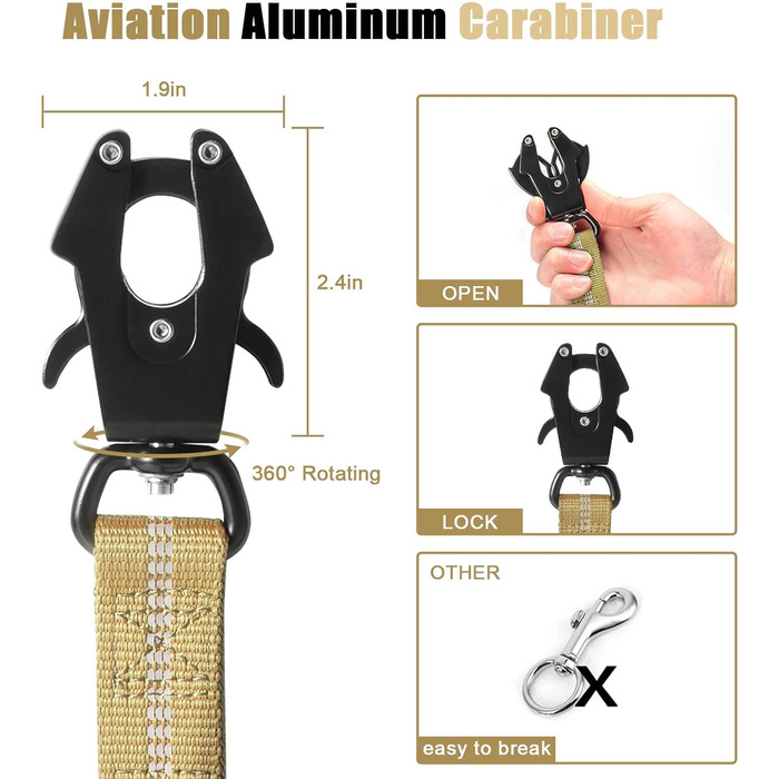 Міцна тактична повід для собак Raipult Bungee, 1,2-1,8 м, без ривка, з карабіном швидкого закриття, світловідбиваюча, амортизуюча, з кріпленням для автомобіля, Coyote Brown-Khaki L