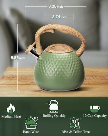 Чайник для заварювання чаю Teekessel 2,7 л з емальованим покриттям зеленого кольору з імітацією дерева, з носиком, з нержавіючої сталі, антижаровий ручка оливкового кольору