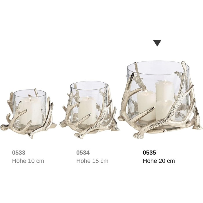 EDZARD Hurricane Candle Holder Kingston, Deer Antler Design, Silver, Nickel-Plated Aluminum, with Glass, Height 13 cm, Diameter 15 cm (Height 20 cm, Diameter 25 cm)