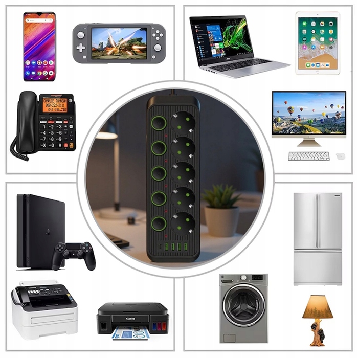 Мережевий фільтр (подовжувач) на 5 розеток, 4xUSB та 1xUSB-C, з окремими вимикачами — Чорний