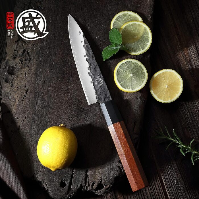 Японський ніж Santoku Mitsumoto Sakari 19 см з ручкою з рожевого дерева та дерев'яною коробкою, ніж для овочів 14 см