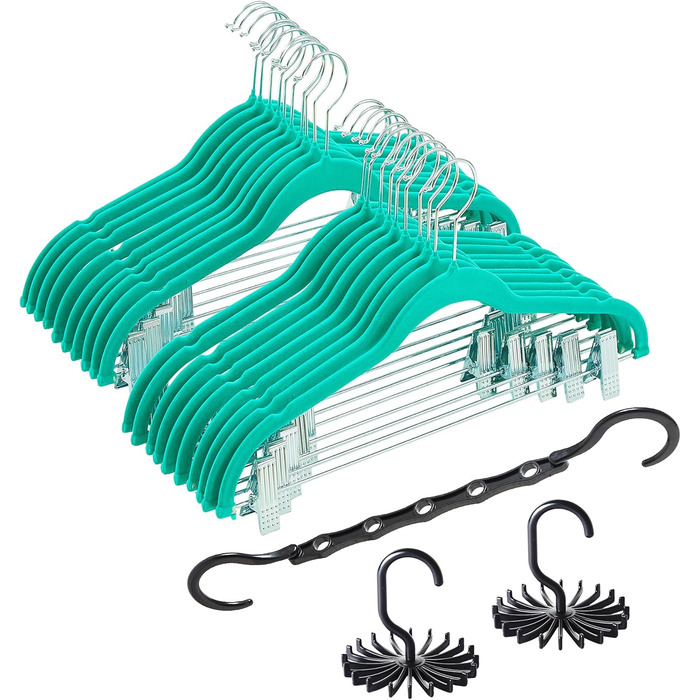 Преміум велюрові плечики VECELO з металевими кліпсами, антиковзкі та компактні, з 1 чарівним плечиком та 2 тримачами для краваток, ідеальні для жінок та чоловіків, 20 шт. (20-PACK, блакитно-зелений/Відтінок раю)