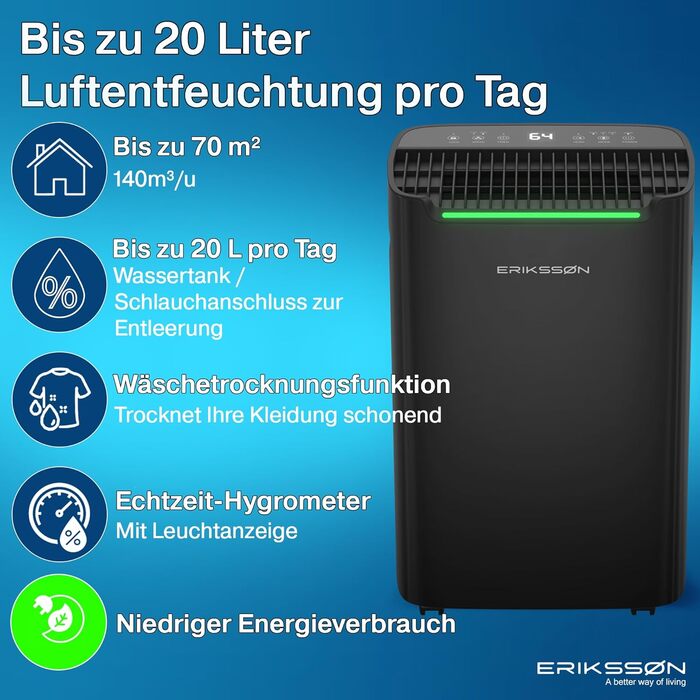 Зволожувач повітря Erikssøn з LED-дисплеєм, таймером та захистом для дітей | видаляє 20 л вологи на добу | для приміщень до 175 м³ | енергоефективний, з датчиком вологості, чорний