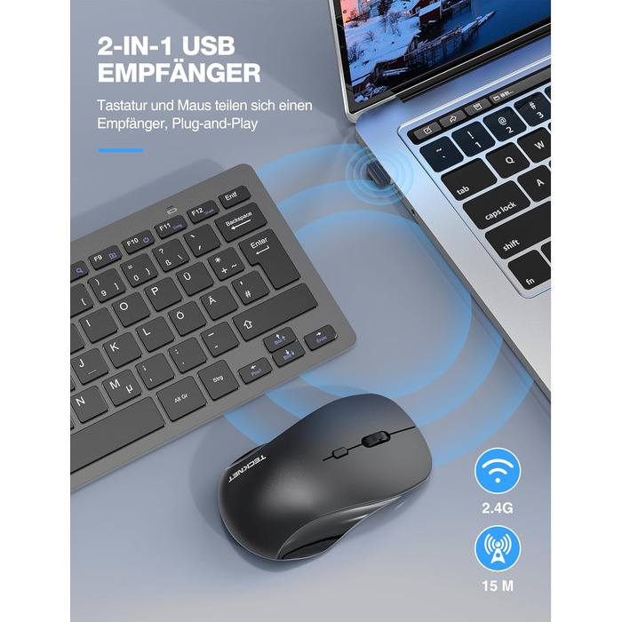 TECKNET Бездротовий Набір Клавіатури та Миші, QWERTZ, 2.4 GHz, 15м, Безшумна Клавіатура та Миша для ПК, Ноутбука, Smart TV, Білий (Сірий)