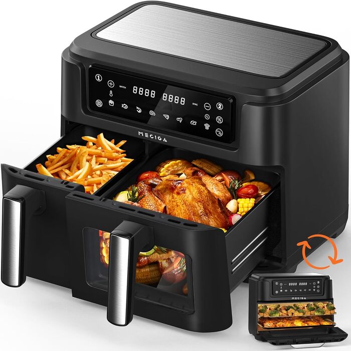 MECIGA Dual Zone Air Fryer, Double Chamber Air Fryer with Viewing Window, Transformable Hot Air Fryer, 12L Large Air Fryer, 2 Drawers, Oil-Free Fryer, Dishwasher Safe, 2400W, Black