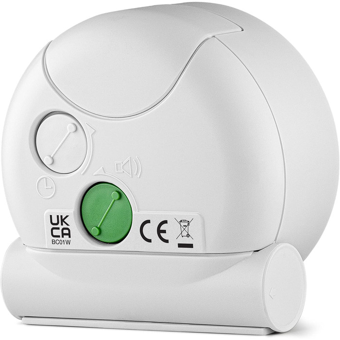 Braun Classic analog alarm clock with snooze function and light, quiet quartz movement, crescendo alarm in white, model BC01W.