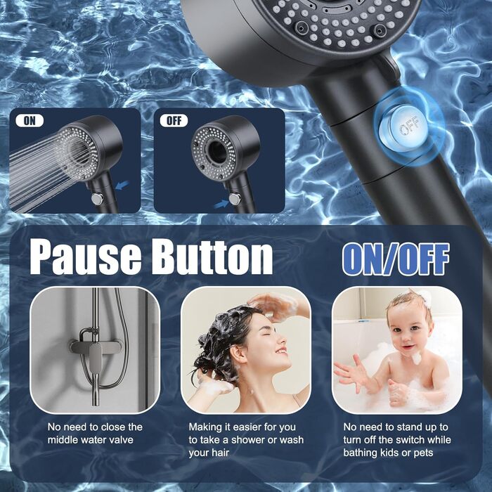 Насадка для душу з шлангом 2 м, фільтрована ручна лійка, високий тиск, економія води з мінеральними кульками, 5 режимів, стоп-функція для жорсткої води, залишків хлору, бактерій та важких металів, сірого кольору з шлангом