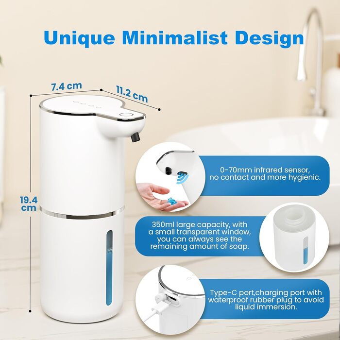 Автоматичний диспенсер для мила з датчиком, настінний, USB, 4 рівня, білий - для кухні, ванної, школи
