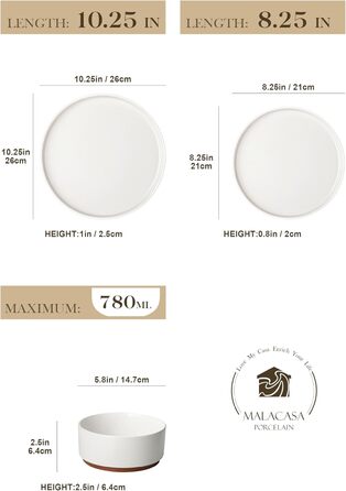 Набір посуду MALACASA з каменю (18 предметів) для 6 осіб, керамічний сервіз з глазур'ю 'сезам', білий з коричневим дном, набір тарілок та мисок