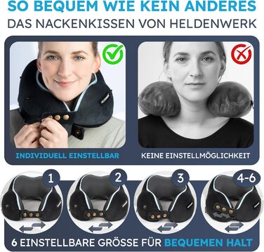 Подушка для шиї Comfy від HELDENWERK для подорожей літаком/автомобілем - Memory Foam, 6-позиційне регулювання, для дорослих, чорна
