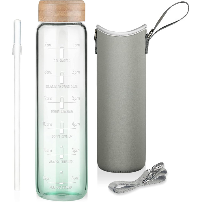 1 Liter Drinking Bottle Glass with Straw & Time Marker, 1L Motivational Glass Water Bottle with Protective Sleeve, Borosilicate Glass Bottle for Carbonated Drinks, Leak-Proof (Gradient Green)