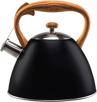 Чайник VILDE 3L з індукційною плитою, нержавіюча сталь, матовий чорний, з імітацією дерев'яної ручки. Підходить для сучасних та традиційних кухонь. Підходить для всіх типів плит, включаючи індукційні.