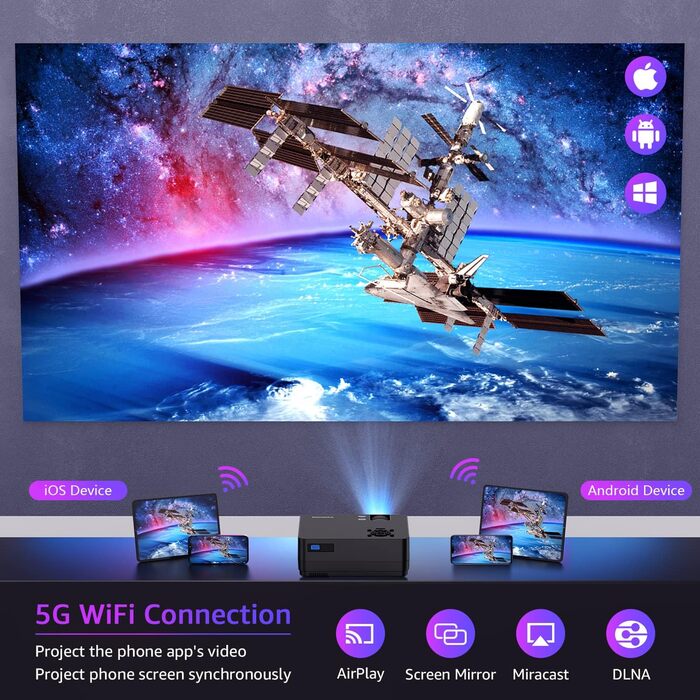 Портативний проєктор DVD Full HD Bluetooth з Wi-Fi, 4K, 20000LM, 1080P, 250 дюймів, для iOS/Android/TV-Stick/PS4/HDMI (Чорний)