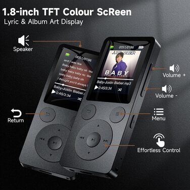 MP3 плеєр 32GB з Bluetooth 5.3 та динаміком, FM-радіо, диктофон, HiFi звук, фізичні кнопки керування, чорний