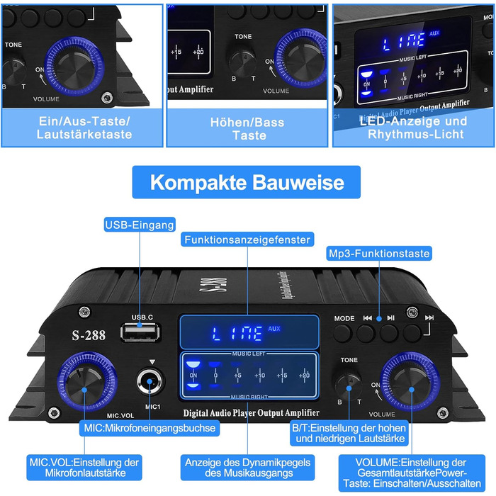 HiFi підсилювач S-288 600Вт, міні Bluetooth стерео аудіо ресивер, 12В/220В, 4 канали, цифровий підсилювач із LCD-дисплеєм, FM-радіо, Bluetooth, USB-вхід, для дому або авто