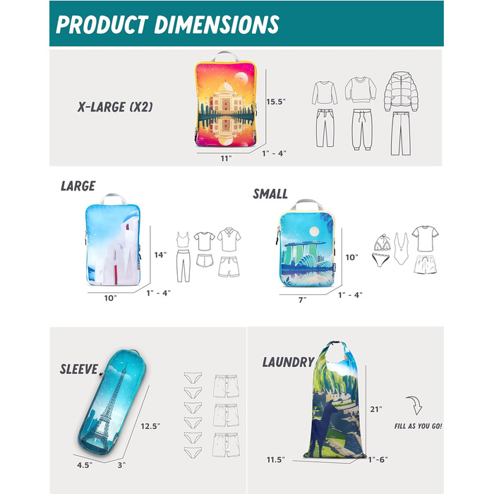 Набір туристичних органайзерів для одягу Tripped (7 шт.) - великі, компресійні, ультралегкі