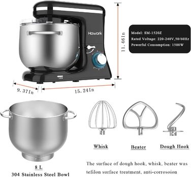 Кухонна машина Howork Knetmaschine: потужна 1500W, 8L, нахильна чаша, 6 швидкостей, міксер, гак для тіста, сплітштор, чорний