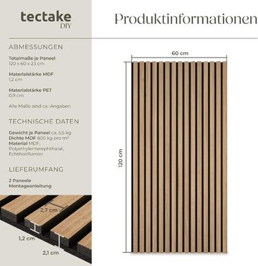 Акустичні 3D-панелі tectake для стін 120 x 60 x 2,1 см, шумопоглищаючі стінові панелі під дуб, набір 2 шт.