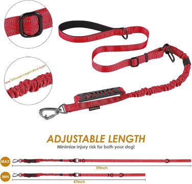 Тактична повідок для собак AUBELL, міцна, світловідбиваюча, без натягу, банджі-повідок для середніх та великих собак, з м'якою ручкою, авто-ремнем безпеки, обертання на 360°, зелена (M-L, червона)