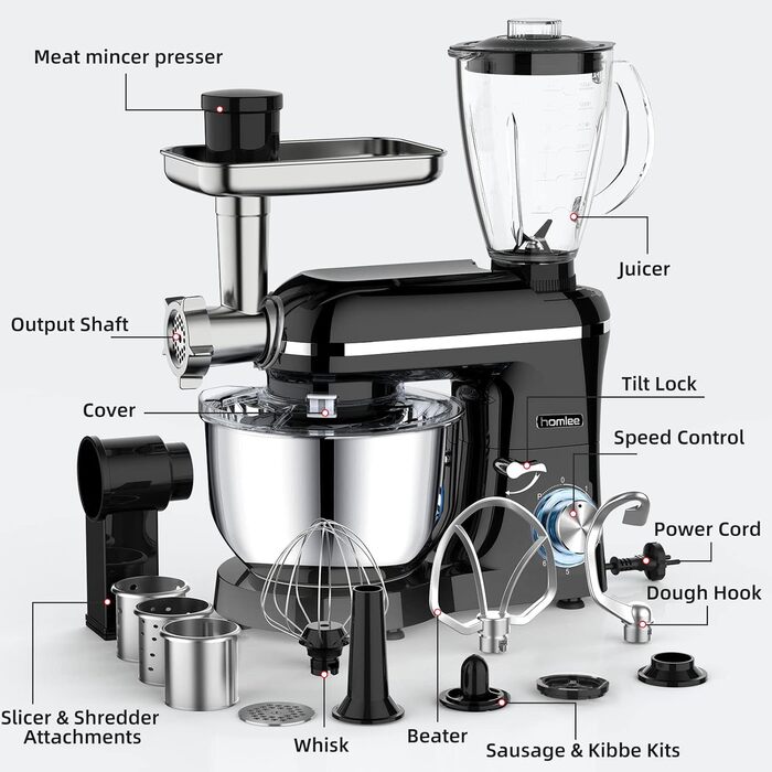 Homlee 3-in-1 Kitchen Machine with 1800W Power - Food Processor, Mixer, Meat Grinder & Juicer with 5.5L Stainless Steel Bowl