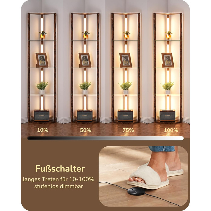 Стійка лампа EDISHINE з 4 полицями з дерева, LED диммер, 3 кольори світла, поворотний світловий маніпулятор, підсвічування полиць, регулювання яскравості, футовий вимикач, для вітальні (Вінтаж-коричневий+скло)