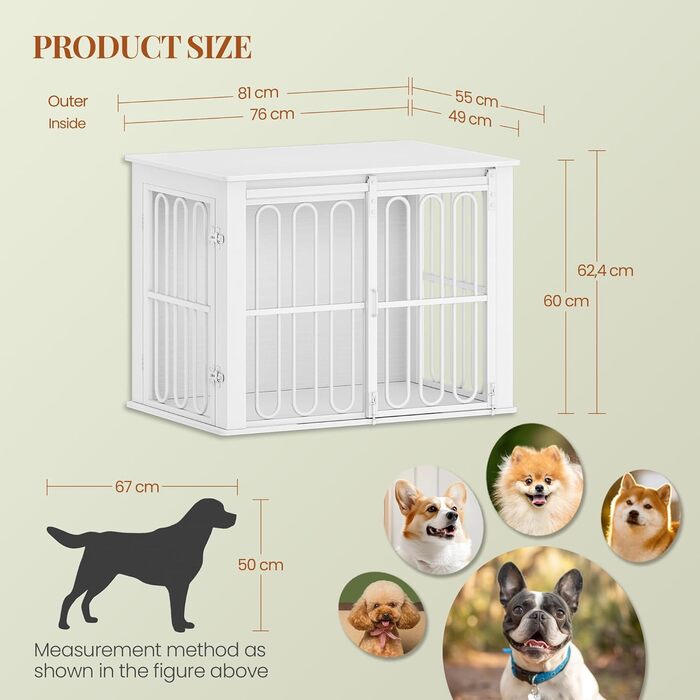 Дерев'яний вольєр для собак, 81 см, переноска для собак, клітка з 2 дверцятами, розсувні двері, для маленьких та середніх собак, міцний, з функцією столику, 81 × 55 × 62,4 см, білий