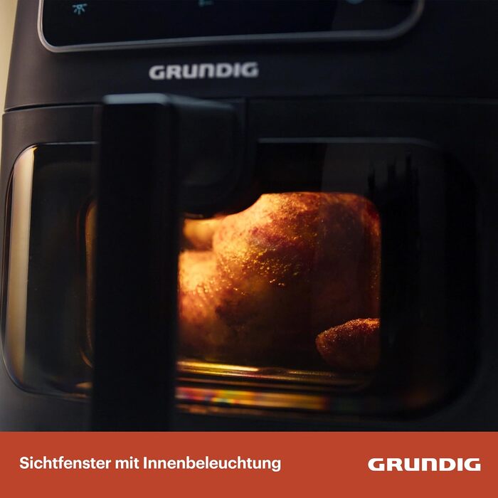 Аерофритюрниця Grundig FRY 7320, 7,6 л, 1750 Вт, сенсорний дисплей, велике оглядове вікно, регулювання температури і часу, антипригарне покриття, кошик для посудомийки, чорна