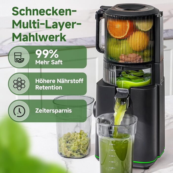 Центрифужна соковижималка AMZCHEF 600W з широким завантажувальним отвором 155 мм для цілих овочів та фруктів, чорна